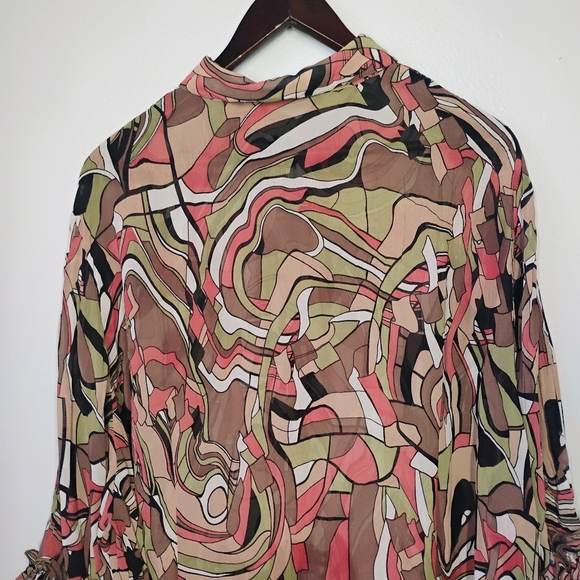 Bellisimo Sheer Abstract Geometric Button Down Top Ruffle Artsy Plus Size 3X - Picture 5 of 15